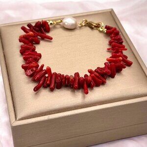 New Natural Red Coral Bracelet 7.5” Irregular Beads Freshwater Pearl Charm Boho